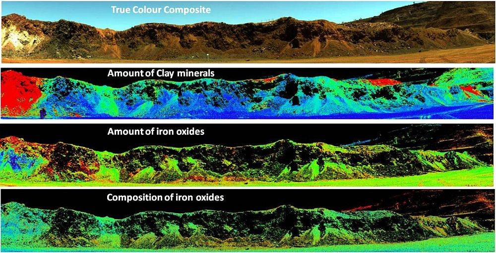 Mine faces can be scanned from safe distances for mineral identification and distribution shown in true color composites and in layers.