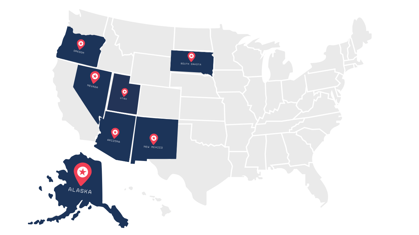 A US map highlighting the 7 states that Darling Geomatics Registered Land Surveyors are licensed in - Alaska, Arizona, Nevada, New Mexico, Oregon, South Dakota, and Utah.
