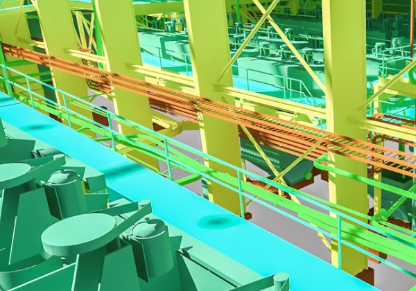 3D model (close-up) of a mineral processing building at a large-scale mining site.